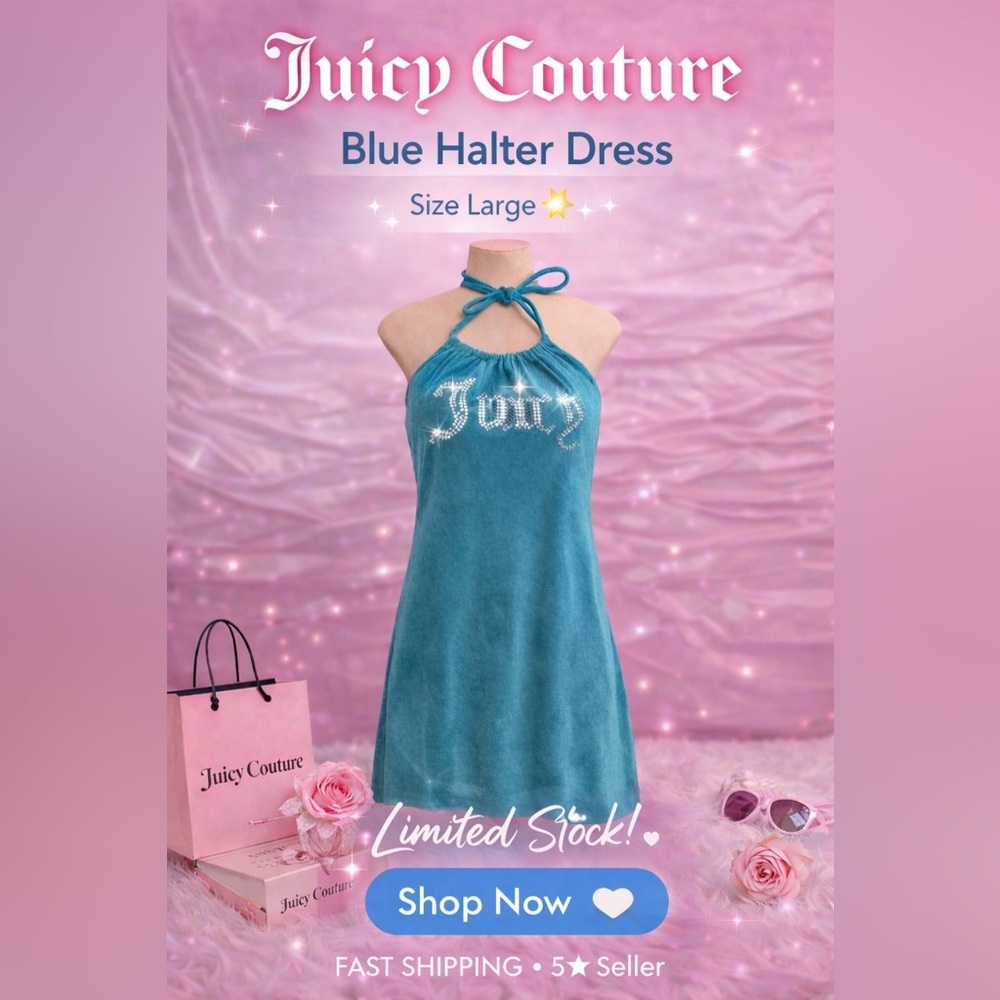 Juicy Couture Blue Halter Dress Rhinestone Logo Y2K Rare Size Large✨